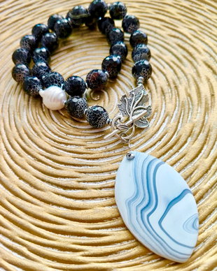 Colier vintage agate negre crab fire