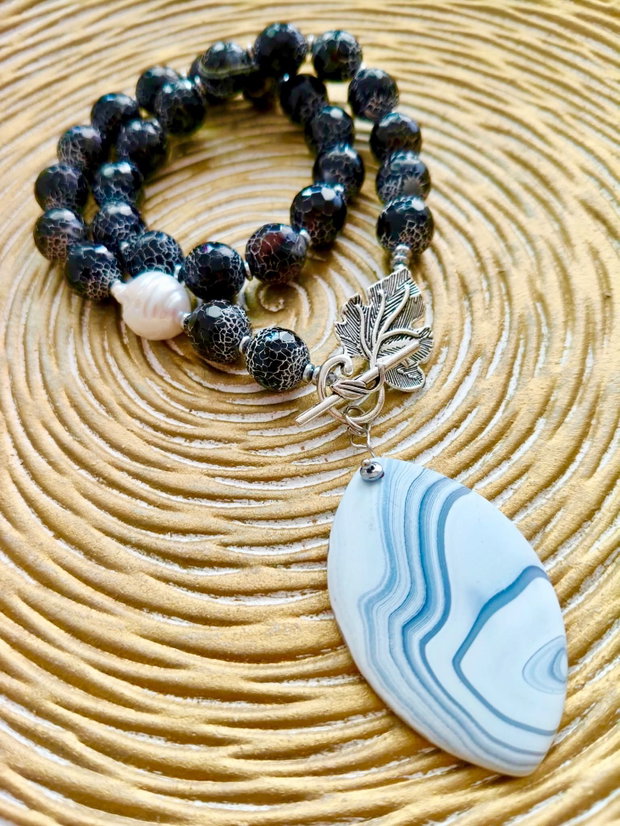 Colier vintage agate negre crab fire