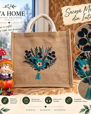 Sacoșă medie din iută naturală, brodată cu buchet botanic  AYA HOME