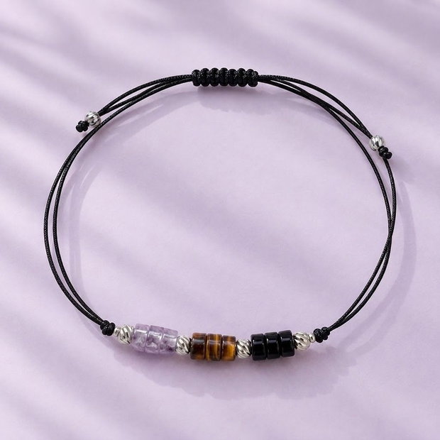 Brățară energetica cu Onix negru, Ochi de Tigru și Ametist cu elemente metalice din oțel inoxidabil - protectie si armonie