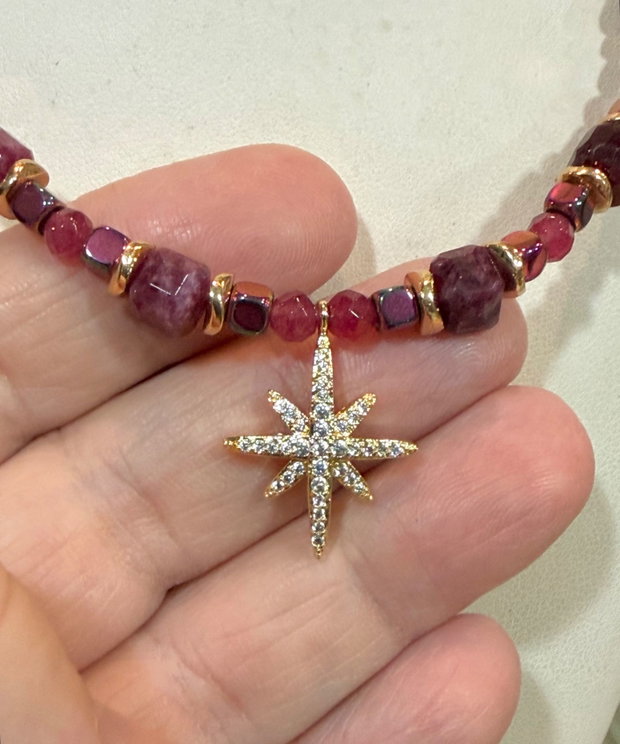 Colier finuț din agate fațetate,jad cuburi,hematit electroplacat,inox~RUBY SPELL~