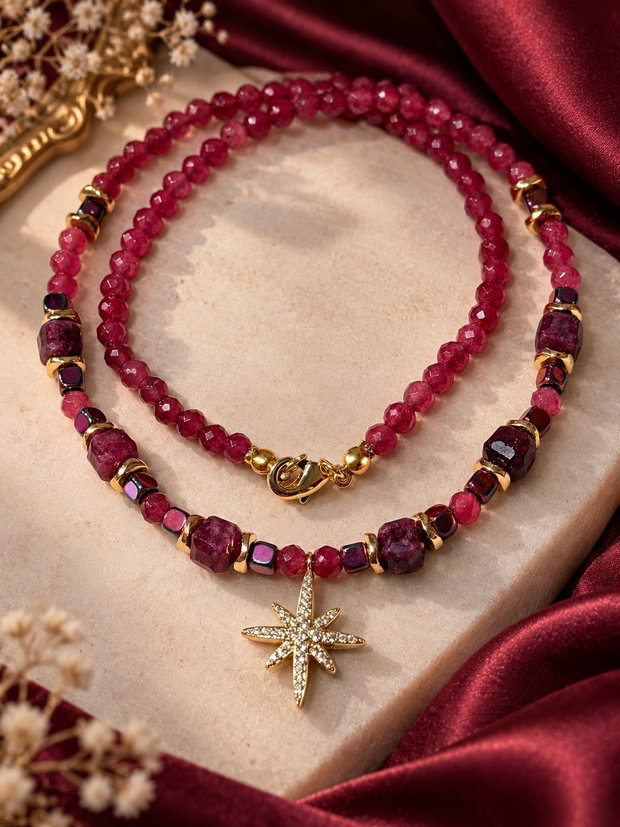 Colier finuț din agate fațetate,jad cuburi,hematit electroplacat,inox~RUBY SPELL~