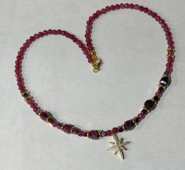 Colier finuț din agate fațetate,jad cuburi,hematit electroplacat,inox~RUBY SPELL~