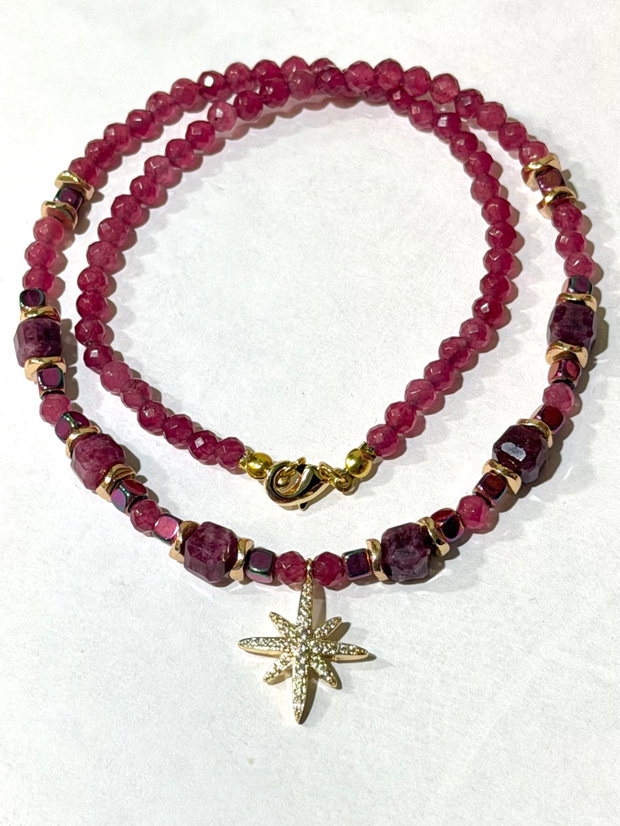 Colier finuț din agate fațetate,jad cuburi,hematit electroplacat,inox~RUBY SPELL~