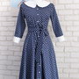 Rochie Camasa Bleumarin cu Buline si Guler Mare Rotund Alb