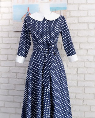 Rochie Camasa Bleumarin cu Buline si Guler Mare Rotund Alb
