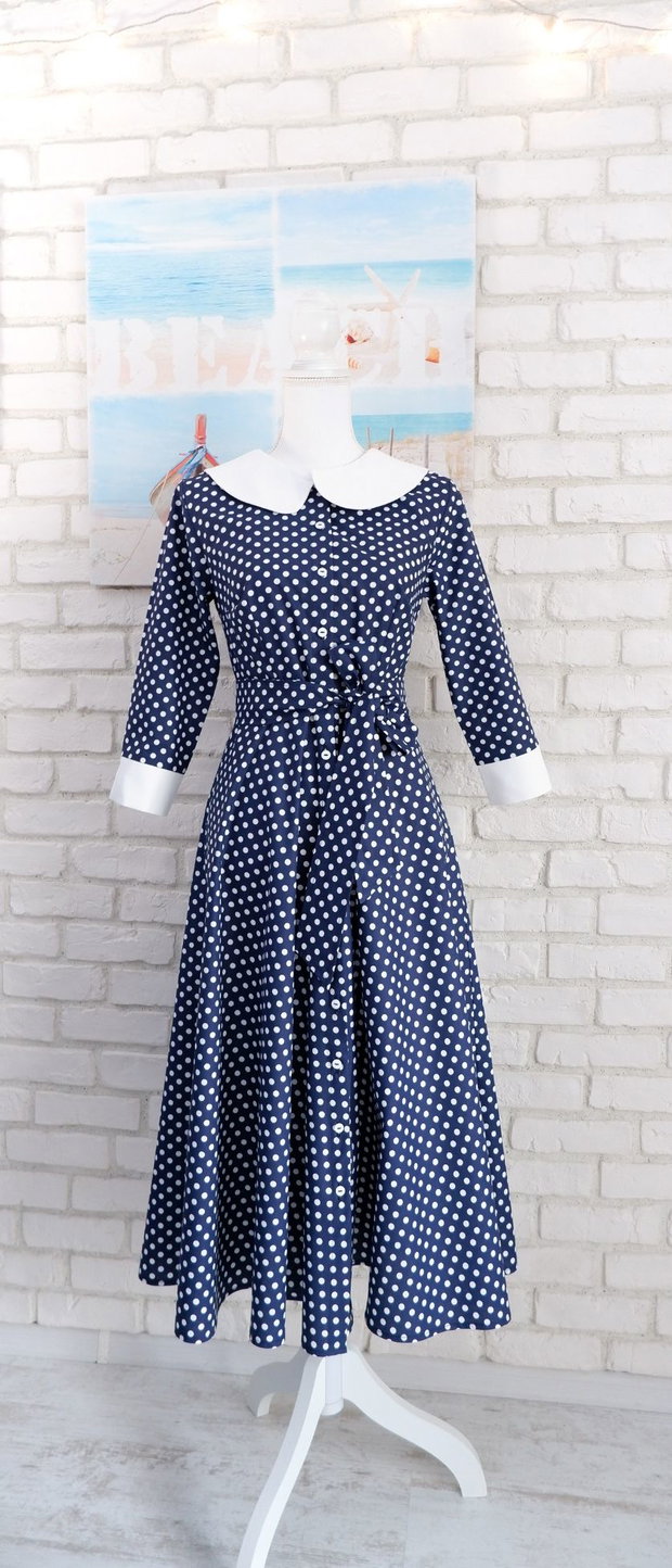 Rochie Camasa Bleumarin cu Buline si Guler Mare Rotund Alb