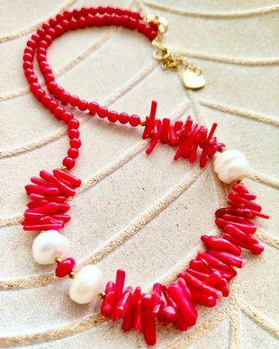 Colier Coral rosu & perle albe de cultura