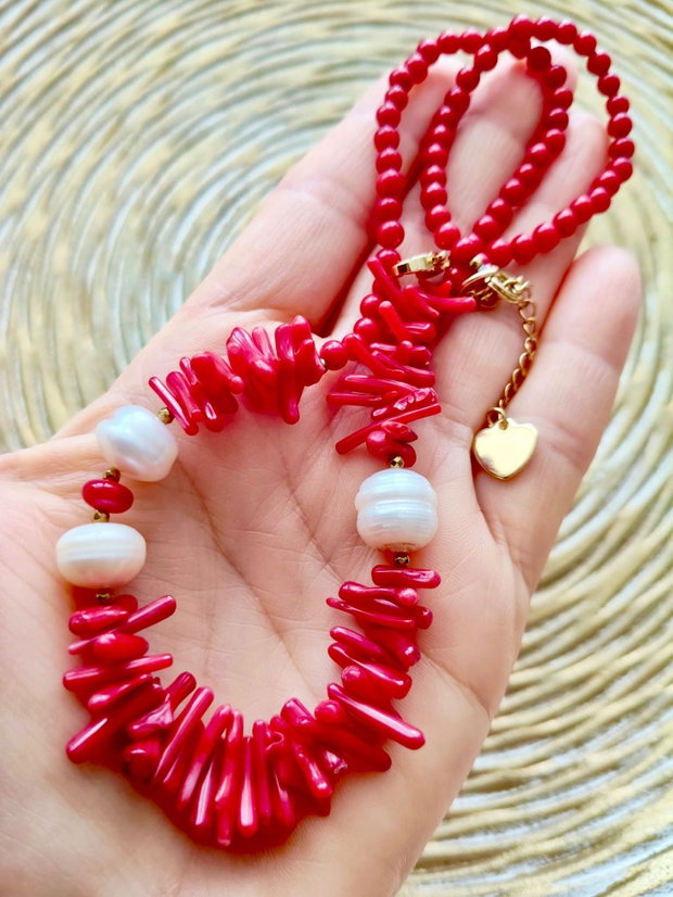 Colier Coral rosu & perle albe de cultura