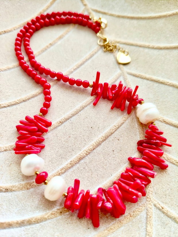 Colier Coral rosu & perle albe de cultura
