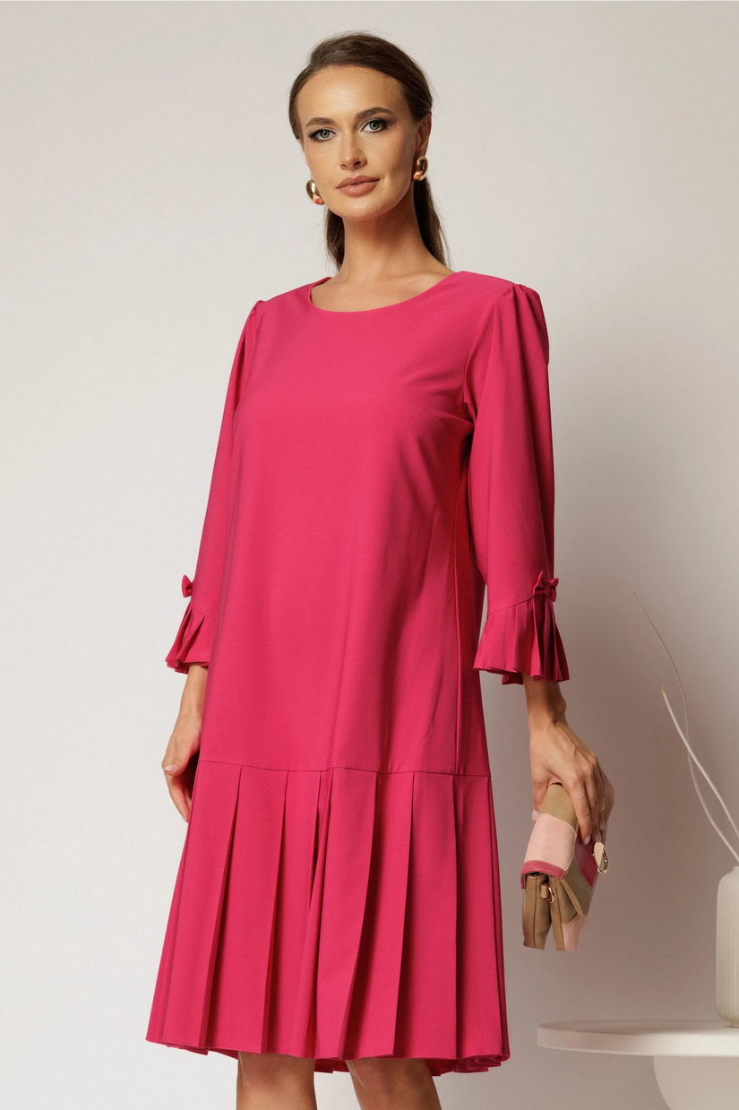 Rochie midi fucsia cu croi drept si pliuri la baza fustei