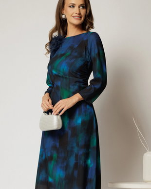 Rochie midi din voal turcoaz cu imprimeu verde si floare ampla la decolteu
