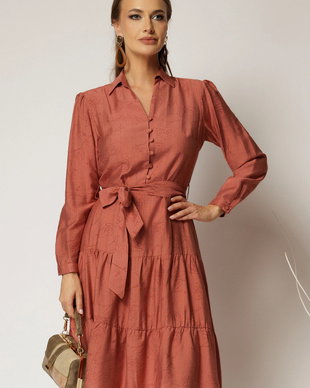 Rochie caramizie midi din viscoza si imprimeu