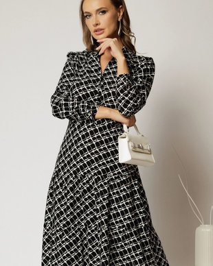 Rochie neagra midi din viscoza si imprimeu alb