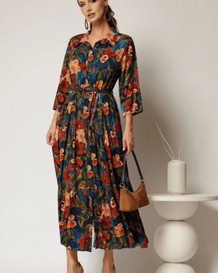 Rochie midi din viscoza albastru turcoaz cu imprimeuri florale si curea in talie
