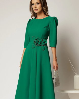 Rochie midi verde clos de ocazie cu floare si detalii