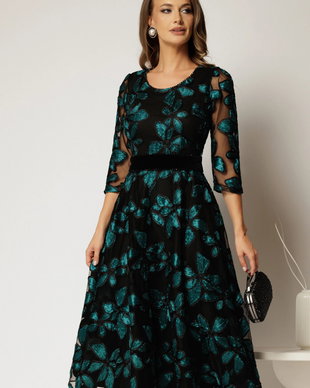 Rochie neagra cu imprimeu floral 3D turcoaz si cordon catifelat