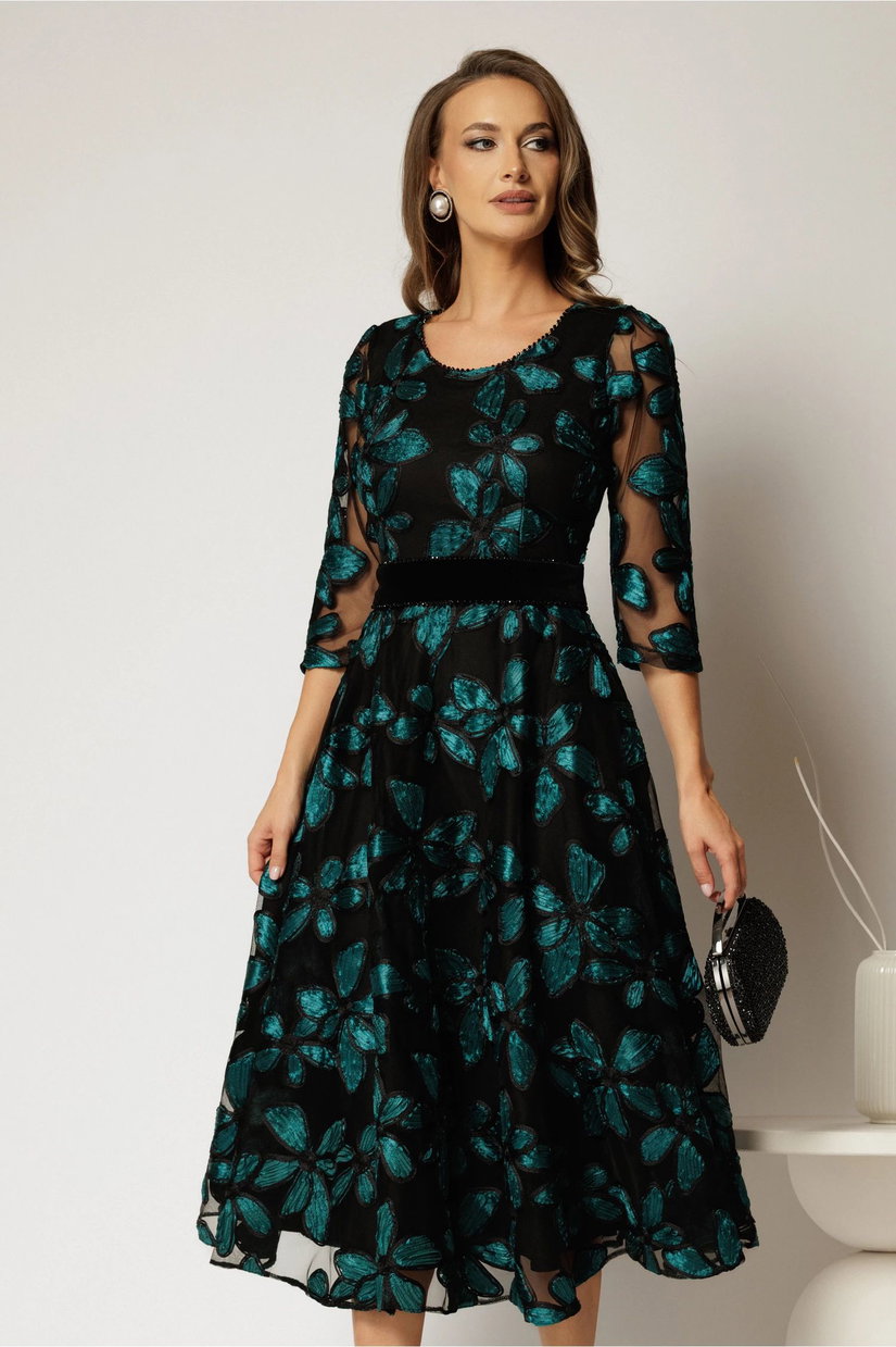 Rochie neagra cu imprimeu floral 3D turcoaz si cordon catifelat