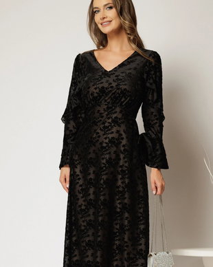 Rochie midi neagra de ocazie cu imprimeu de catifea si decolteu in V