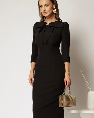 Rochie DY Fashion neagra cu croi conic si guler amplu accesorizat