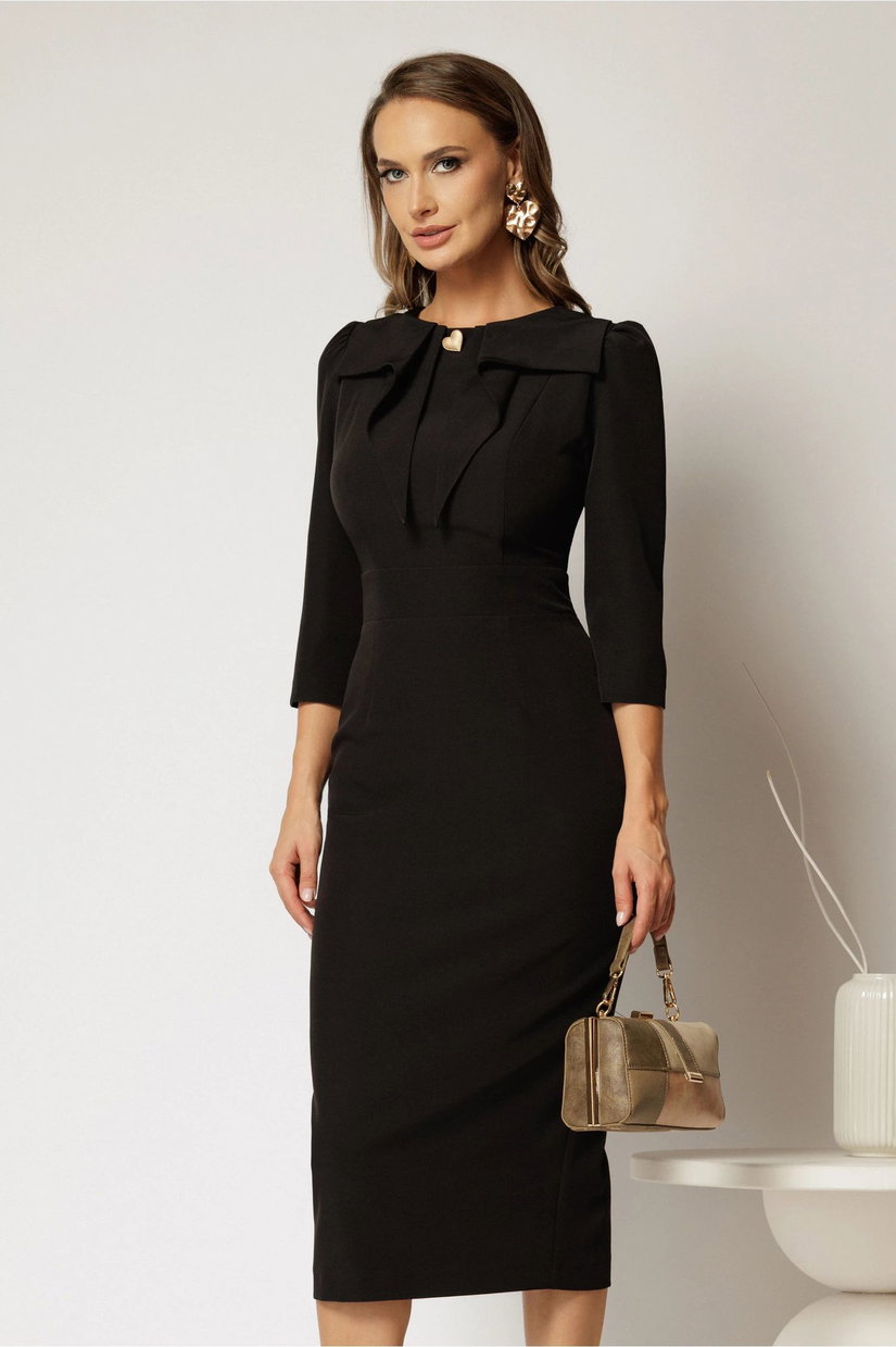 Rochie DY Fashion neagra cu croi conic si guler amplu accesorizat