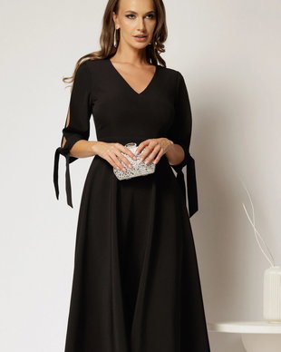Rochie DY Fashion midi neagra cu decolteu in V si funde la maneci