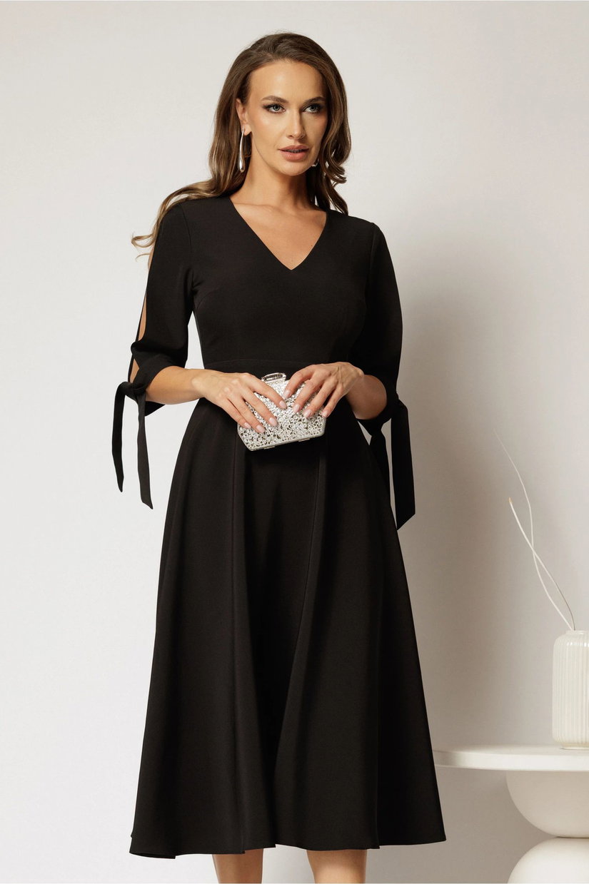 Rochie DY Fashion midi neagra cu decolteu in V si funde la maneci