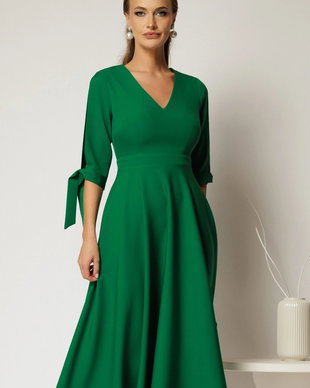 Rochie DY Fashion midi verde cu decolteu in V si funde la maneci