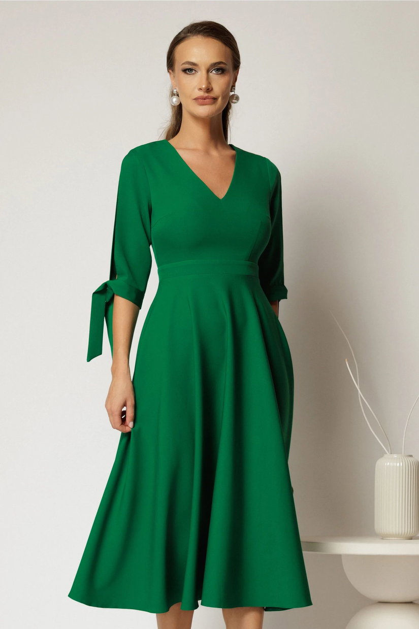 Rochie DY Fashion midi verde cu decolteu in V si funde la maneci