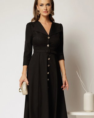 Rochie DY Fashion midi neagra cu inchidere cu nasturi si rever amplu