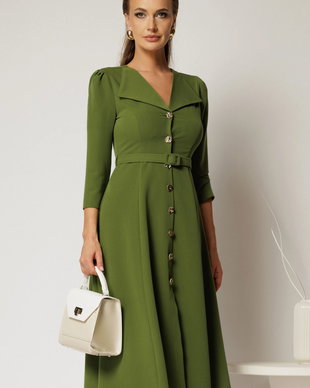 Rochie DY Fashion midi verde fistic cu inchidere cu nasturi si rever amplu