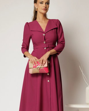 Rochie DY Fashion midi magenta cu inchidere cu nasturi si rever amplu
