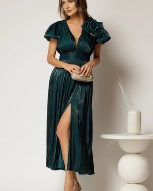 Rochie midi turcoaz de ocazie din voal peliculizat si detaliu amplu floral