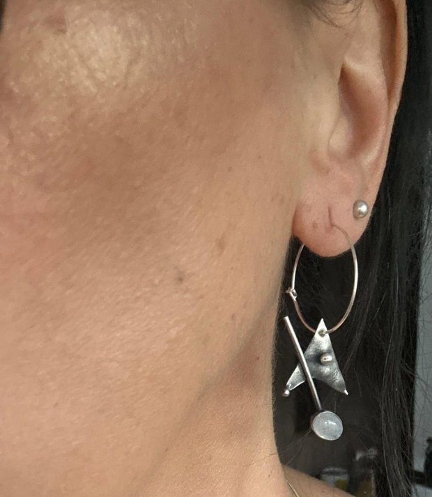 Cercei asimetrici si lungi din argint 925 oxidat si moonstone