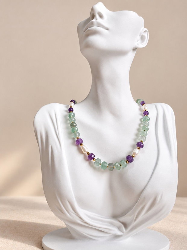 Colier handmade Spring symphony fFluorit, ametist și perle naturale