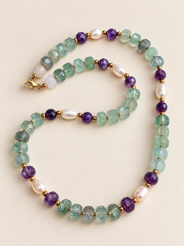 Colier handmade Spring symphony fFluorit, ametist și perle naturale