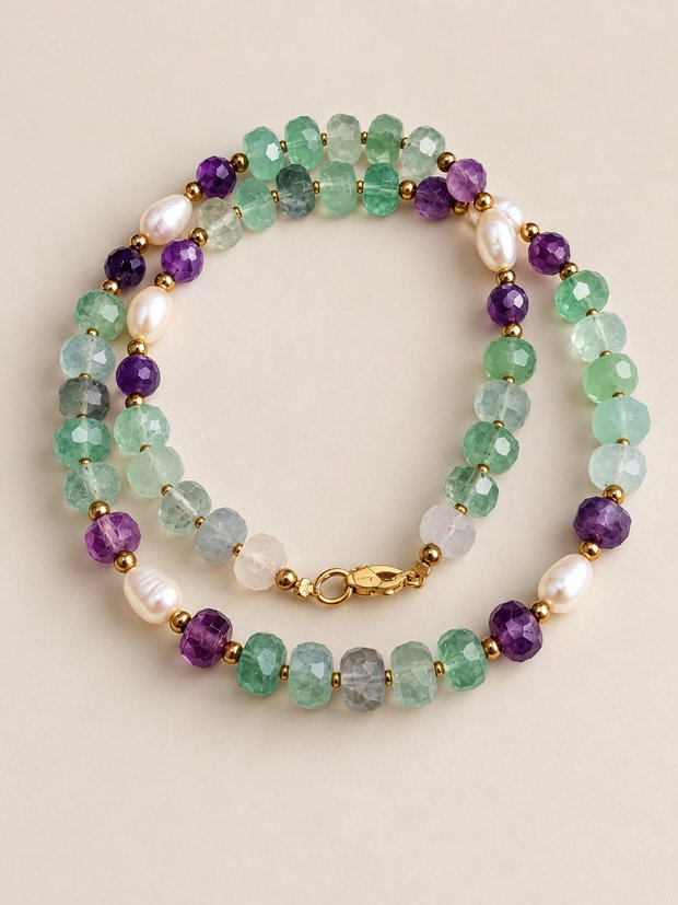 Colier handmade Spring symphony fFluorit, ametist și perle naturale