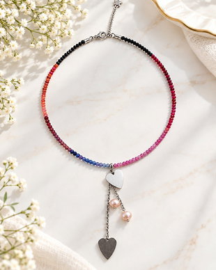 Colier cu spinel multicolor si inimi