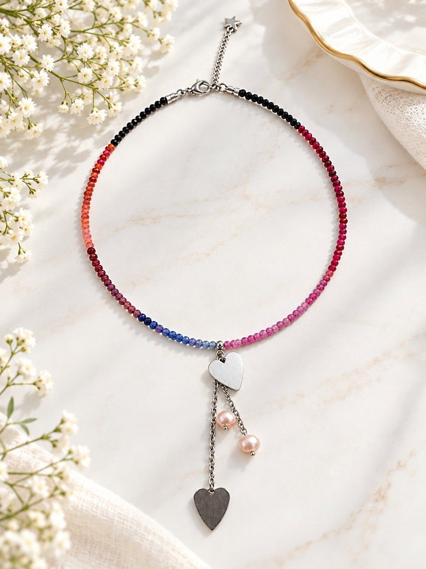 Colier cu spinel multicolor si inimi