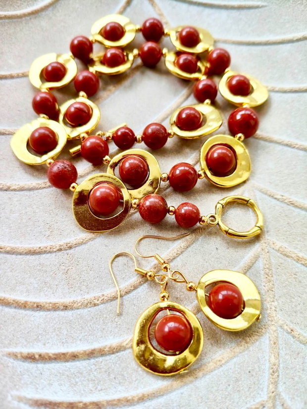 Set vintage jasp rosu & aliaj auriu