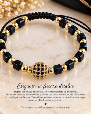 Eleganță în auriu și negru - bratara shamballa cu cristale tip swarovski si bila disco cu cristale zirconia