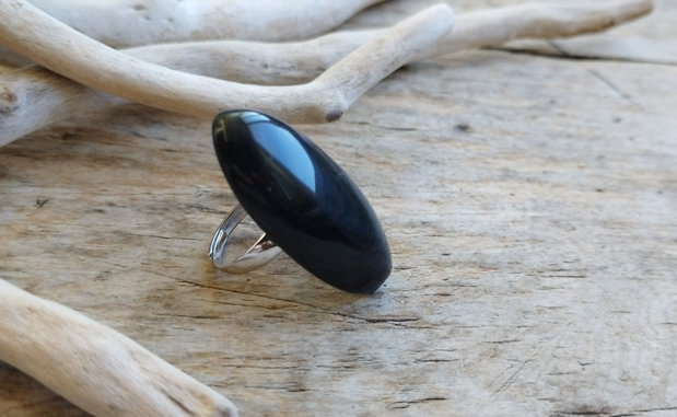 Obsidian / inel reglabil, argint