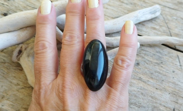 Obsidian / inel reglabil, argint