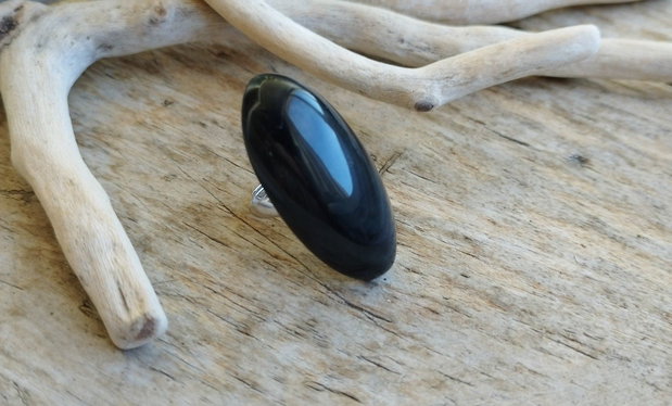 Obsidian / inel reglabil, argint