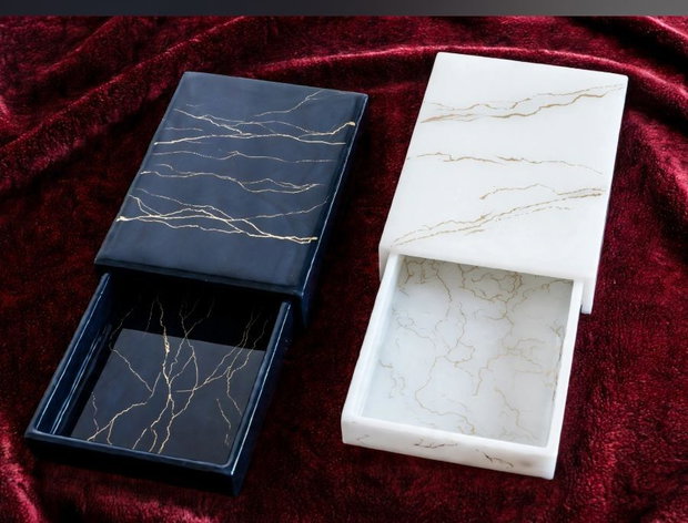Cutie Cadou de Lux cu Sertar din Rășină Epoxidică Efect Marmură și Aur, Elegant de Birou și Bijuterii 12x6 cm 2+2 cadou