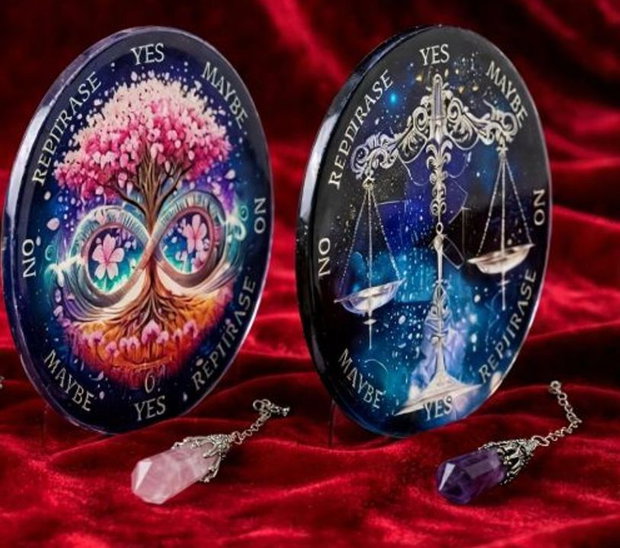 Kit Complet Radiestezie: 4 Plăci Divinație 18cm + 4 Penduluri Cristale Naturale+un set de rune cadou