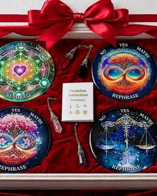 Kit Complet Radiestezie: 4 Plăci Divinație 18cm + 4 Penduluri Cristale Naturale+un set de rune cadou