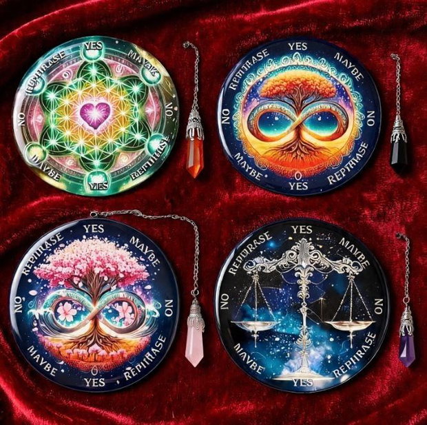 Kit Complet Radiestezie: 4 Plăci Divinație 18cm + 4 Penduluri Cristale Naturale+un set de rune cadou