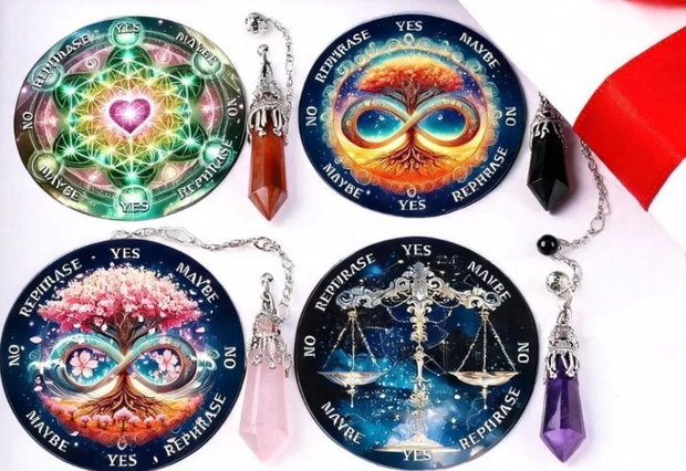Kit Complet Radiestezie: 4 Plăci Divinație 18cm + 4 Penduluri Cristale Naturale+un set de rune cadou
