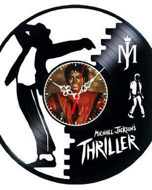 Ceas de perete decorativ realizat din disc de vinil, Model Michael Jackson Thriller Pop Star, Negru, 30 cm
